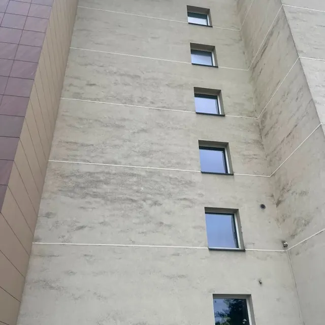 Aukšto pastato fasadas prieš valymą