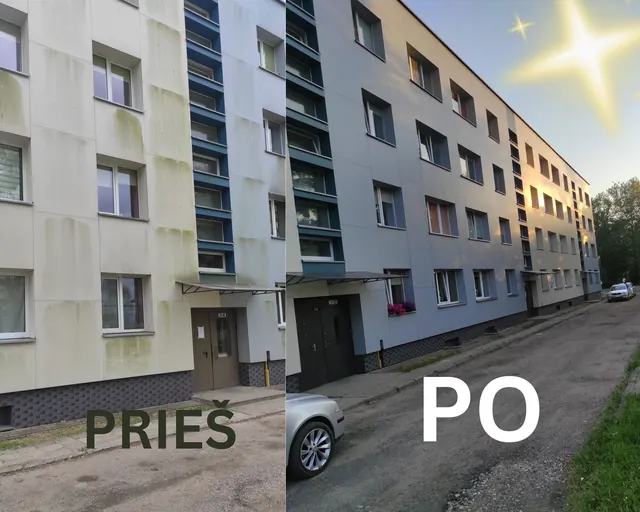 Daugiabučio fasadas prieš ir po plovimo