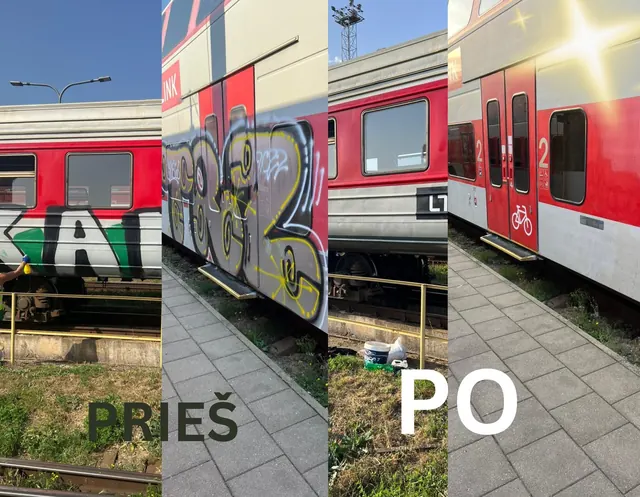 Traukinio grafiti valymas: prieš ir po